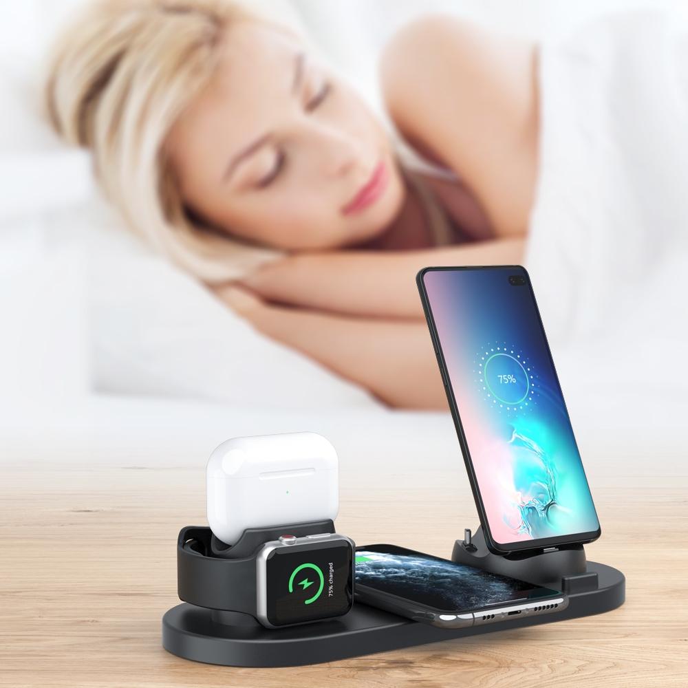 6 In 1 Wireless Charger For Iphone Apple Watch Airpods & Android - Black