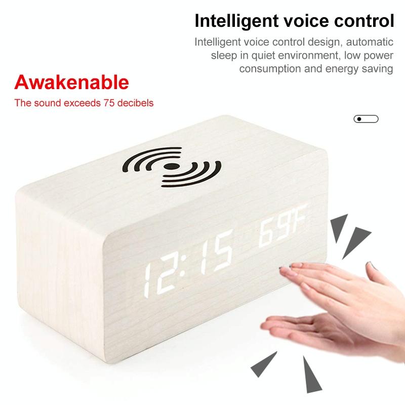 5W Wooden Wireless Charger With Led Mirror Display And Sub Alarm Clock - White Wood