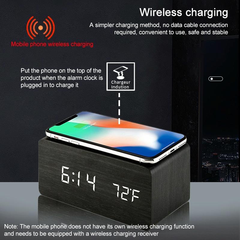 5W Wooden Wireless Charger With Led Mirror Display And Sub Alarm Clock - White Wood