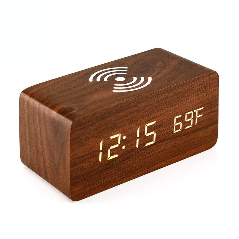 5W Wooden Wireless Charger With Led Mirror Display And Sub Alarm Clock - White Wood