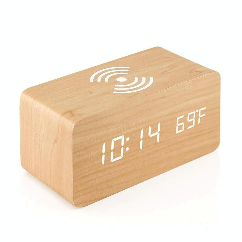 5W Wooden Wireless Charger With Led Mirror Display And Sub Alarm Clock - White Wood
