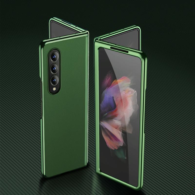 For Samsung Galaxy Z Fold4 5G Leather Folding Phone Case - Electroplated Finish - Army Green
