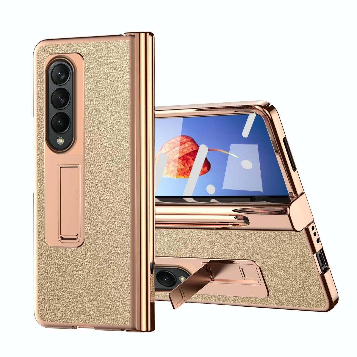 For Samsung Galaxy Z Fold4 5G Premium Litchi Leather Hinged Phone Case - With Pen - Gold