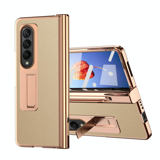For Samsung Galaxy Z Fold4 5G Premium Litchi Leather Hinged Phone Case - With Pen - Gold