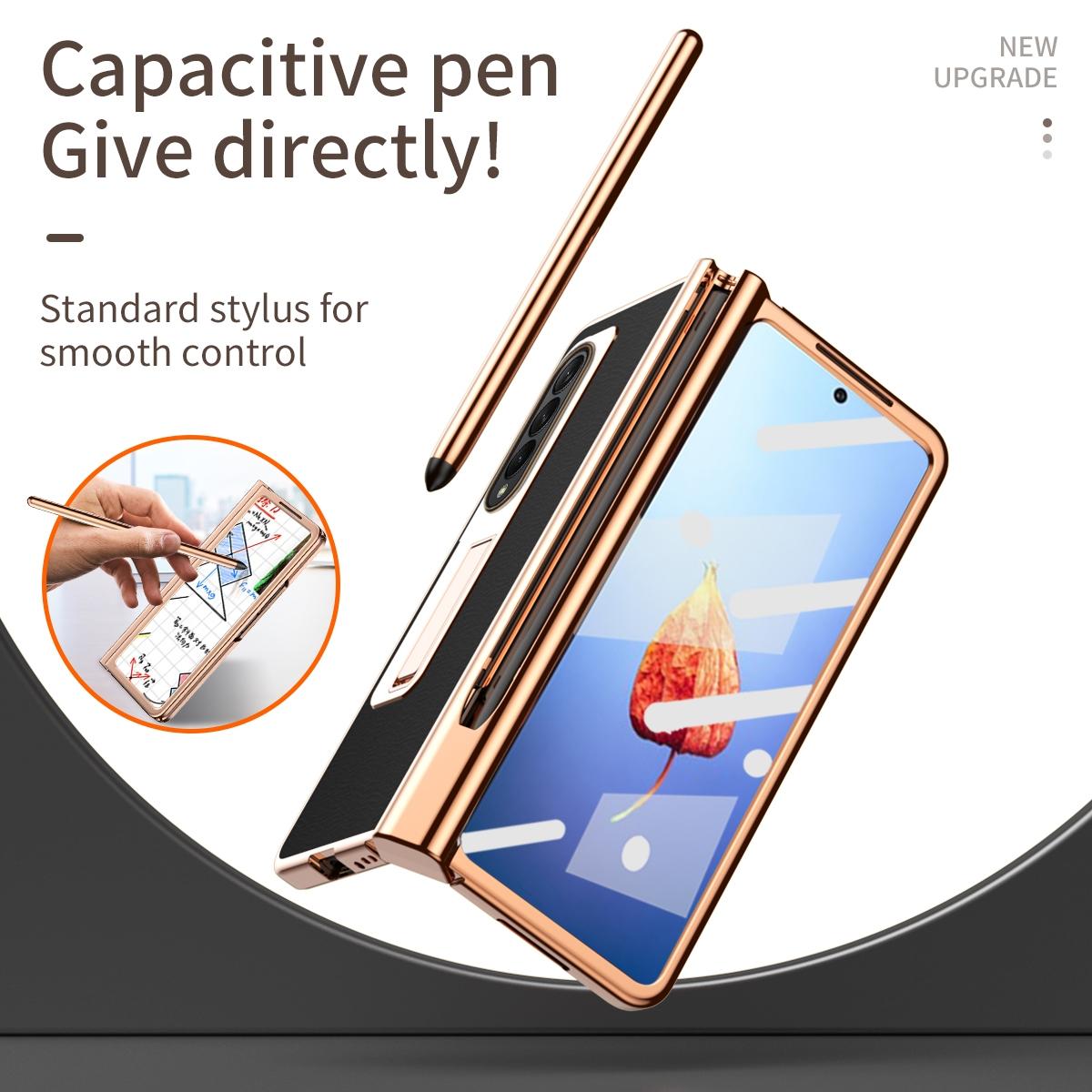 For Samsung Galaxy Z Fold4 5G Premium Litchi Leather Hinged Phone Case - With Pen - Gold