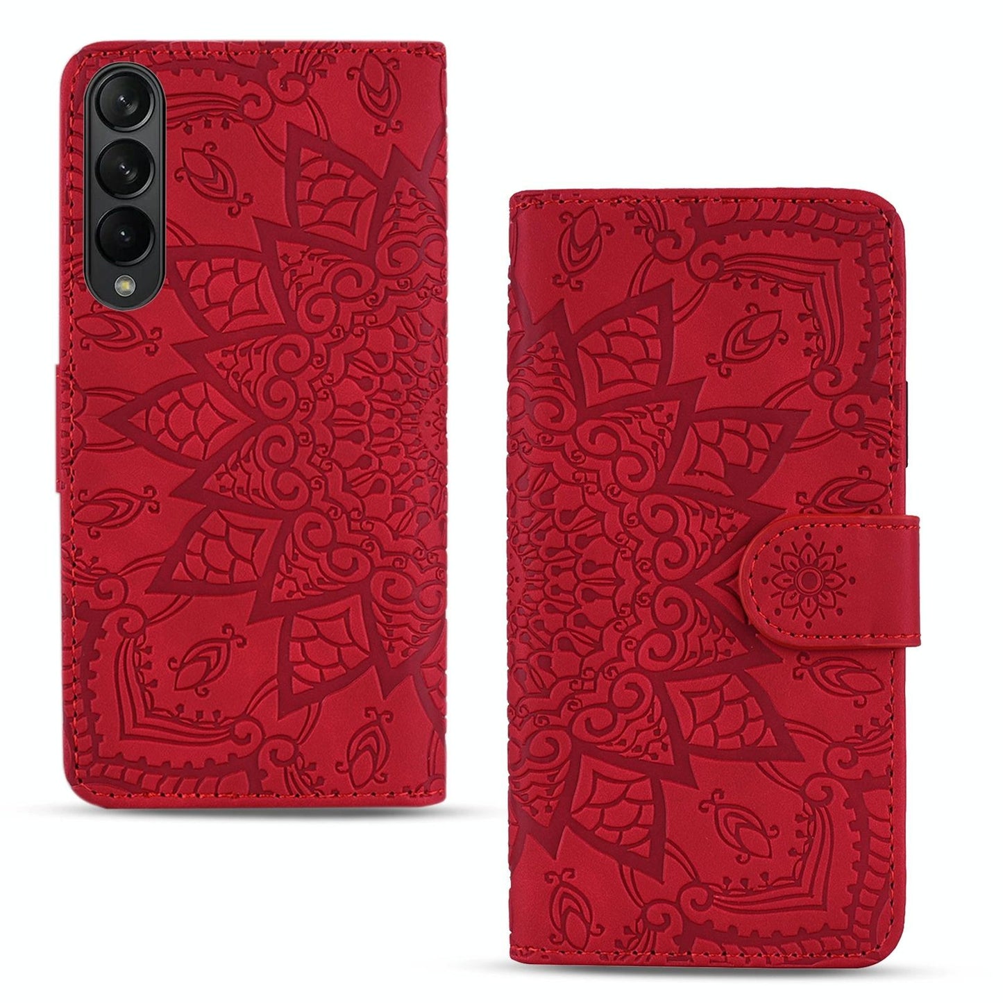 For Samsung Galaxy Z Fold4 5G Dual Fold Mandala Leather Case - Embossed Design - Pink
