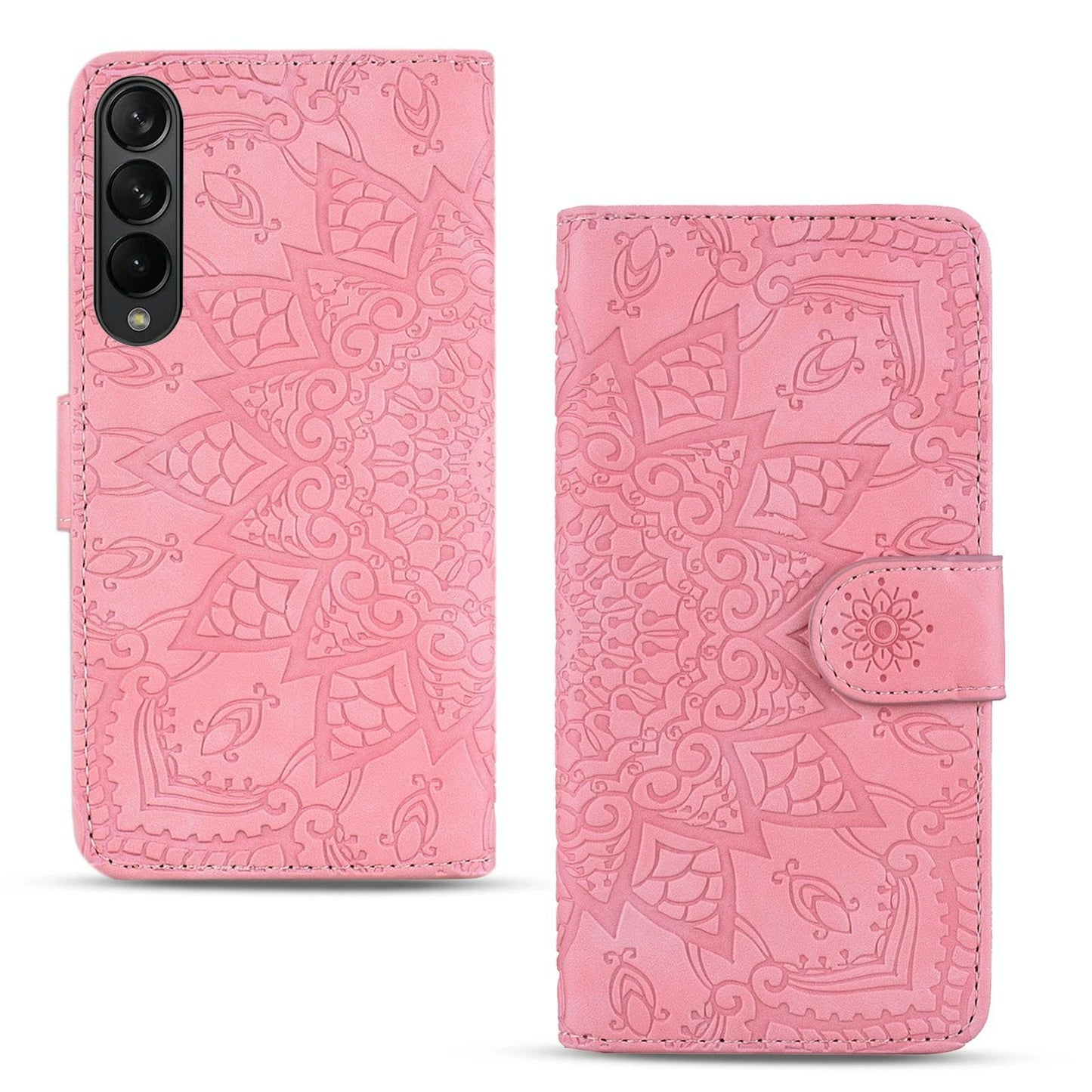 For Samsung Galaxy Z Fold4 5G Dual Fold Mandala Leather Case - Embossed Design - Pink