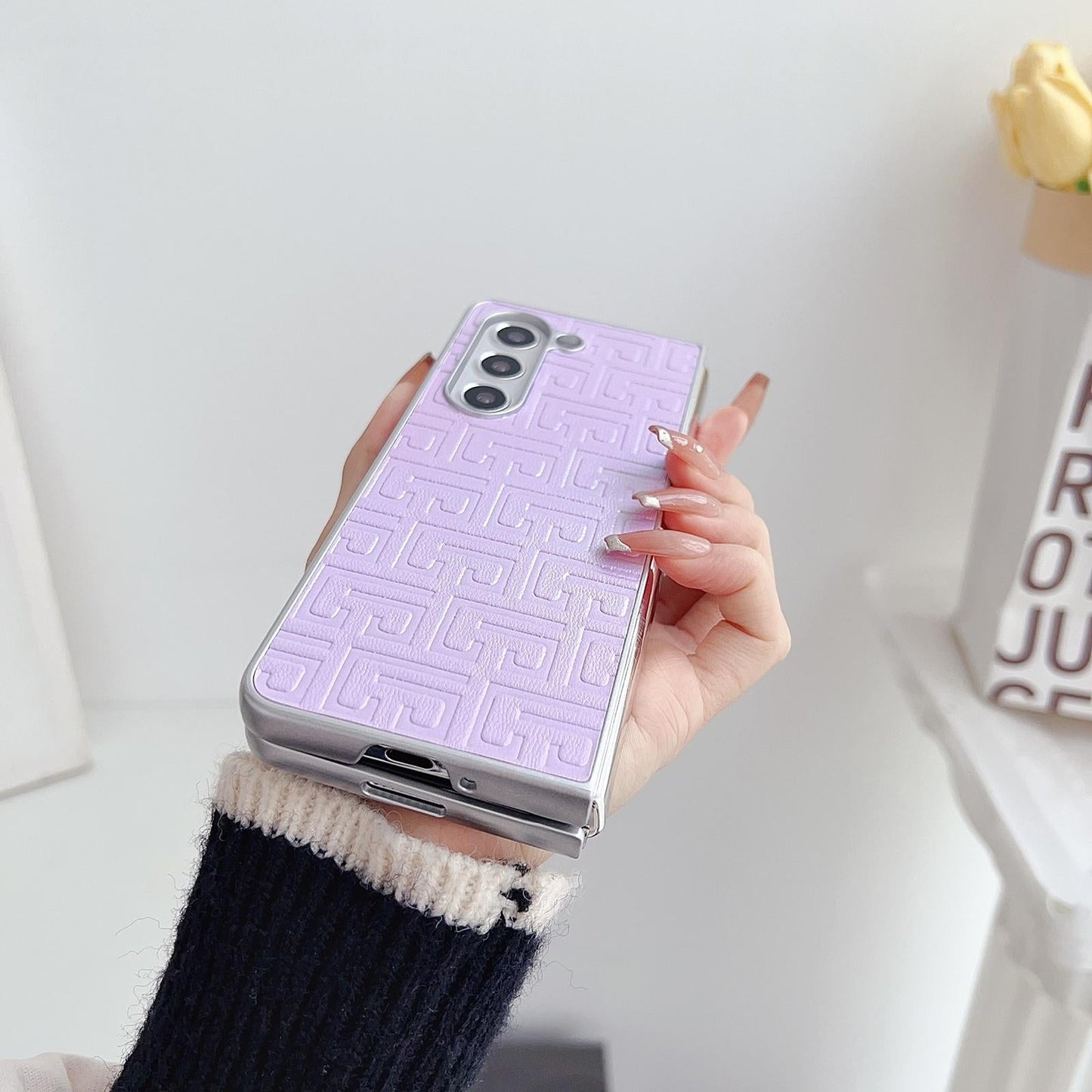 For Samsung Galaxy Z Fold4 5G Geometric Gradient Leather Phone Case - Pearlescent Finish - Silver