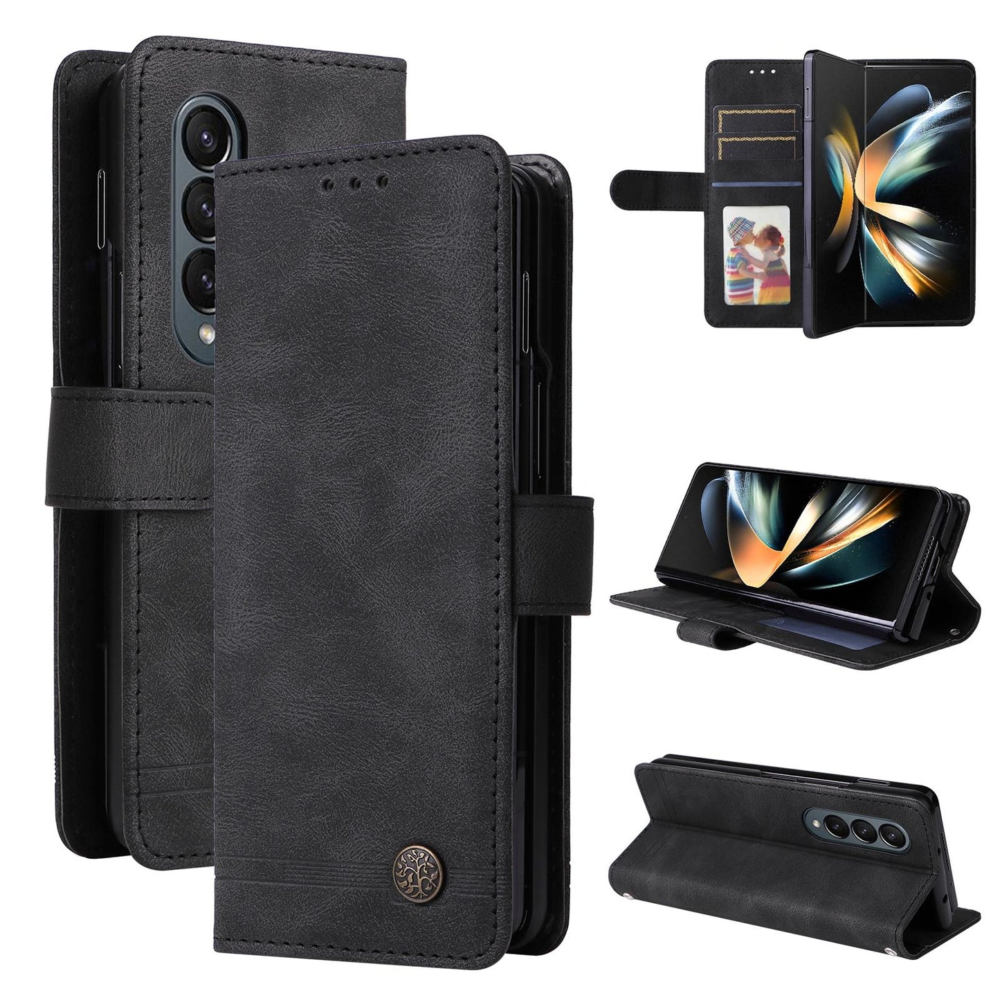 For Samsung Galaxy Z Fold4 5G Metal Button Leather Case - Tree Design - Brown