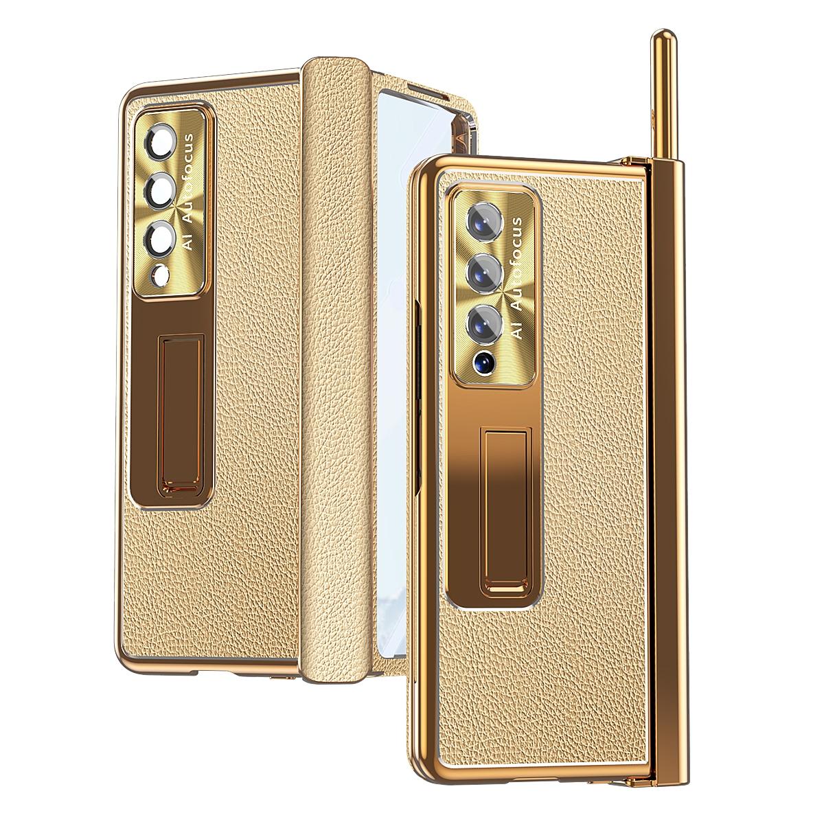 For Samsung Galaxy Z Fold4 5G Shockproof Magnetic Litchi Pattern Phone Case - Silver Gold