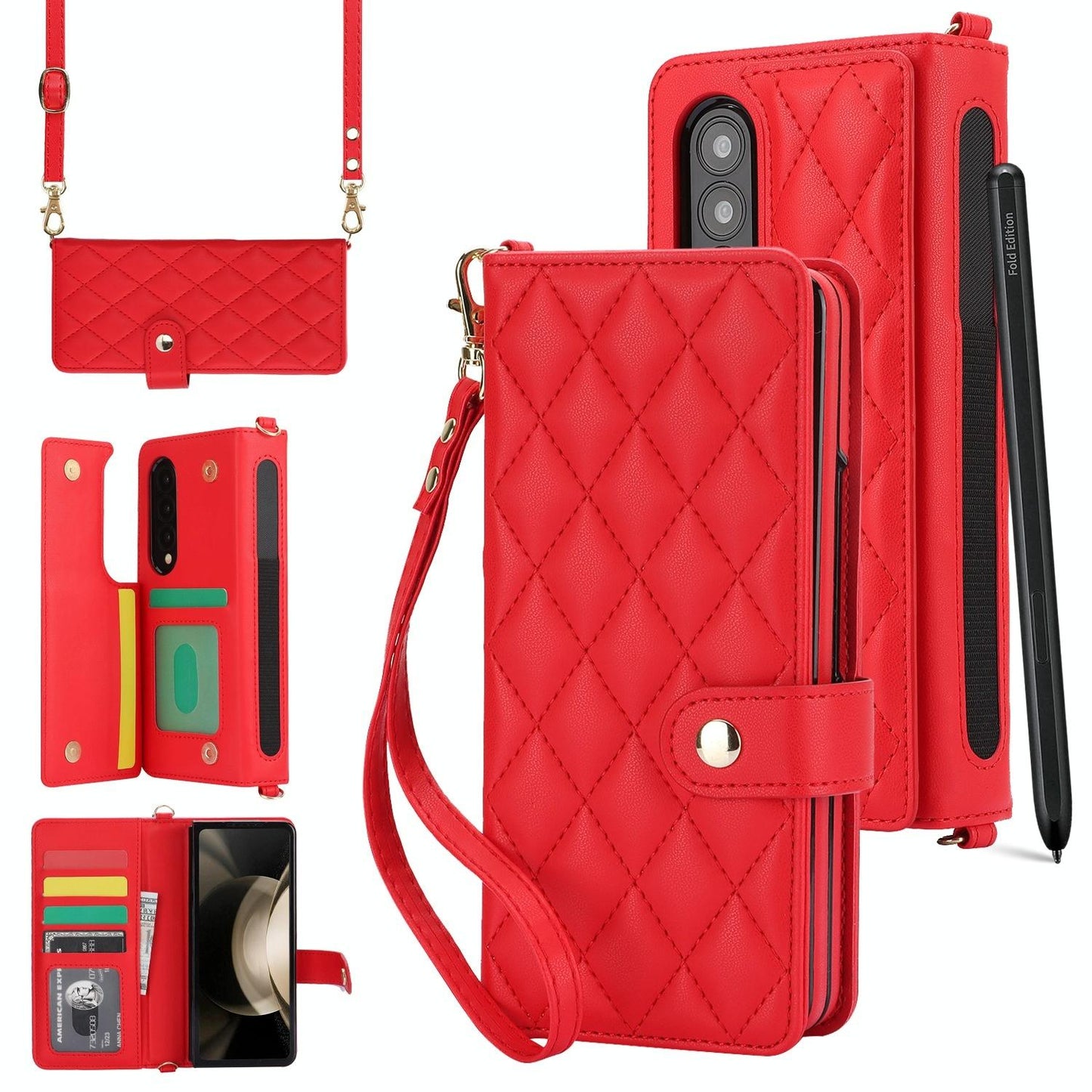 For Samsung Galaxy z Fold4 5G Multifunctional Rhombic Leather Crossbody Phone Case - Red