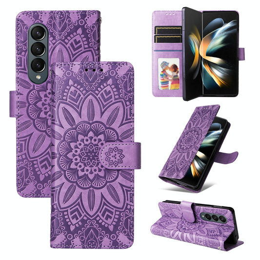 For Samsung Galaxy Z Fold4 5G Sunflower Embossed Leather Phone Case - Purple
