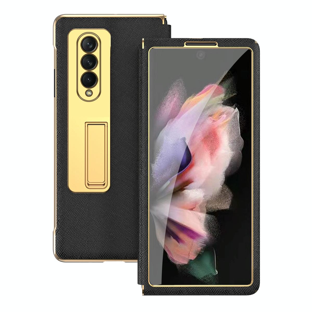 For Samsung Galaxy Z Fold4 5G Flip Case With Tempered Film - Textured Hinge - Gold