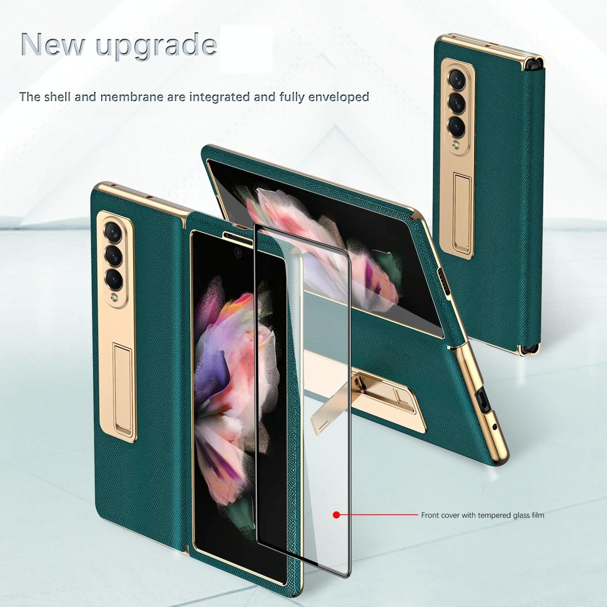 For Samsung Galaxy Z Fold4 5G Flip Case With Tempered Film - Textured Hinge - Gold