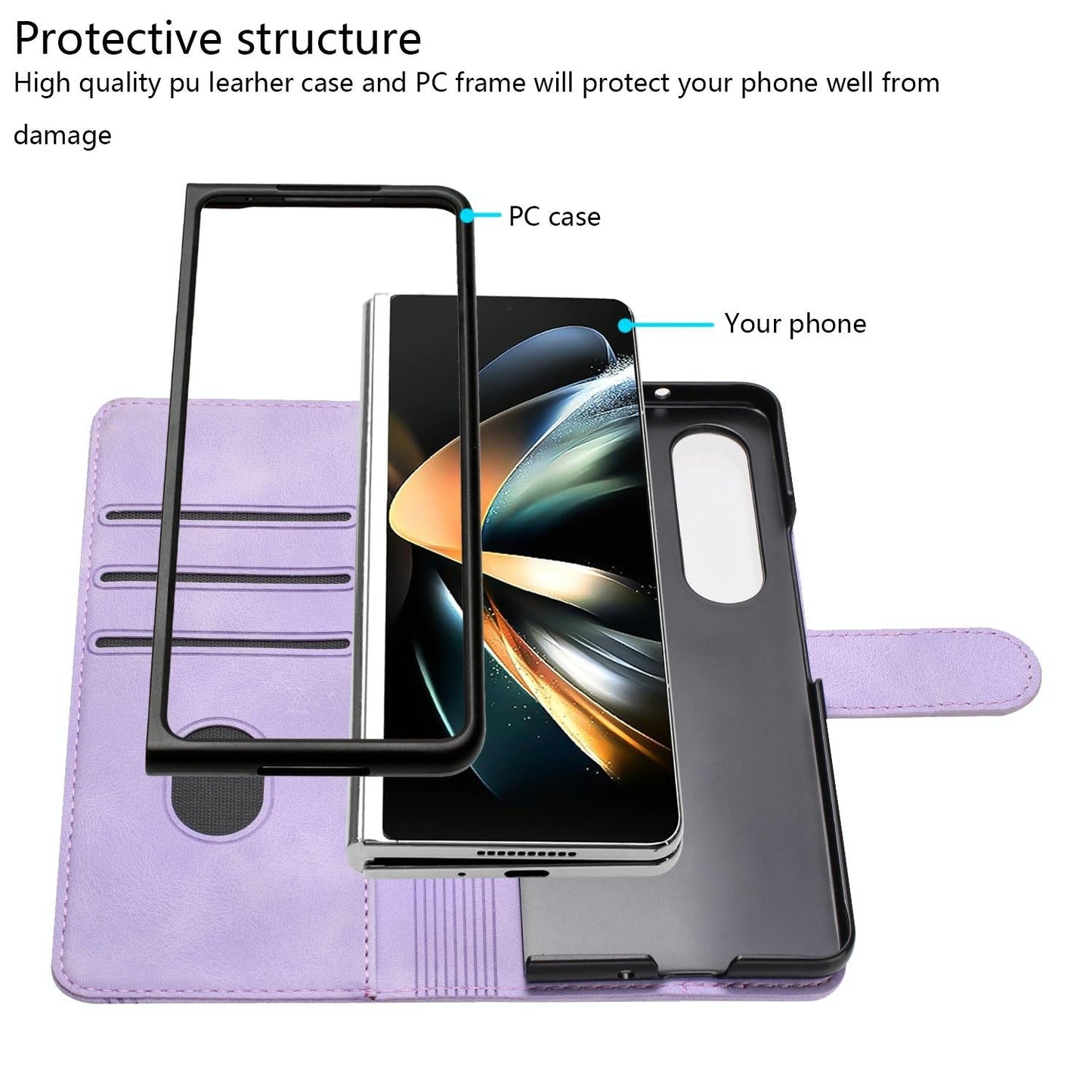 For Samsung Galaxy Z Fold4 5G Leather Phone Case With Heart Pattern - Purple