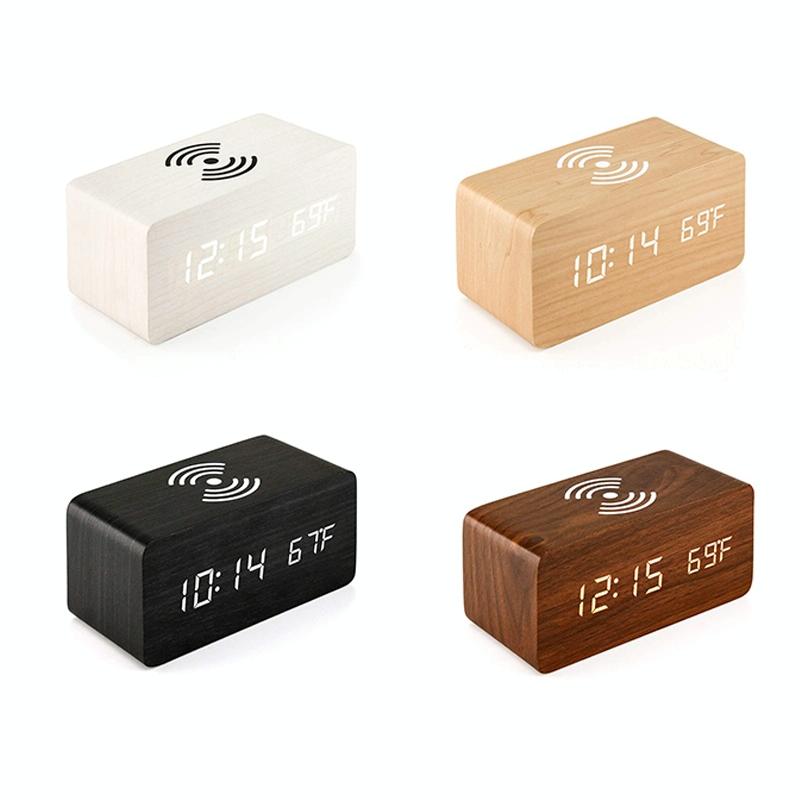 5W Wooden Wireless Charger With Led Mirror Display And Sub Alarm Clock - Black Wood