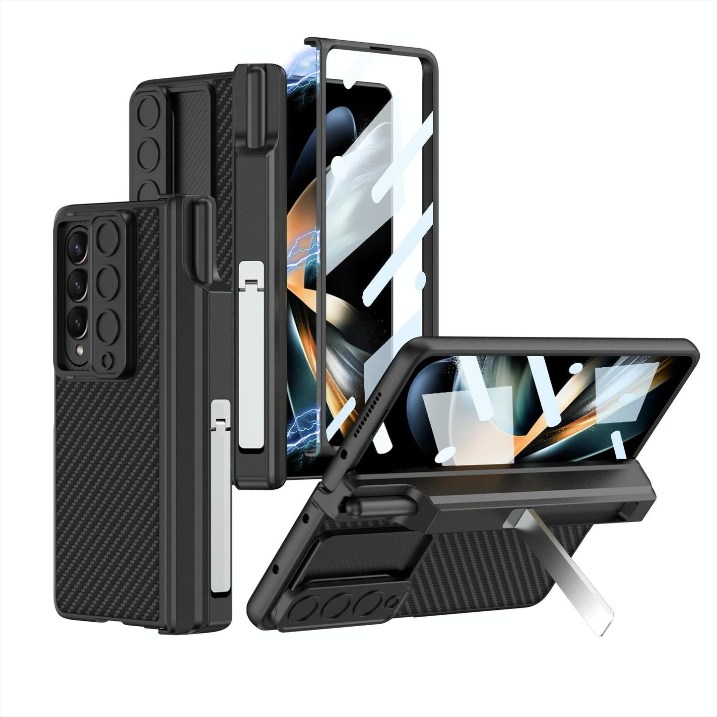 For Samsung Galaxy Z Fold4 5G Magnetic Leather Flip Case With Holder - Carbon Fiber
