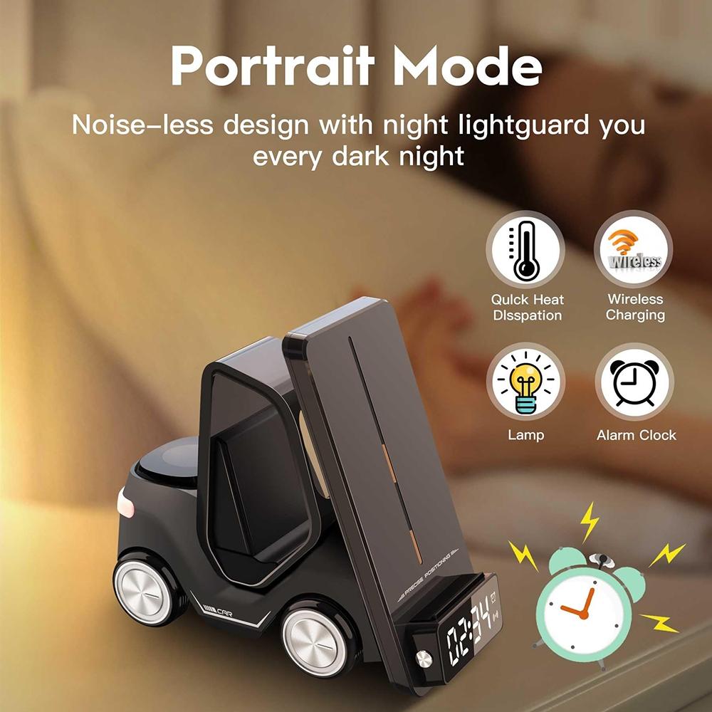 5 In 1 Car Desktop Alarm Clock With Wireless Charging - Orange