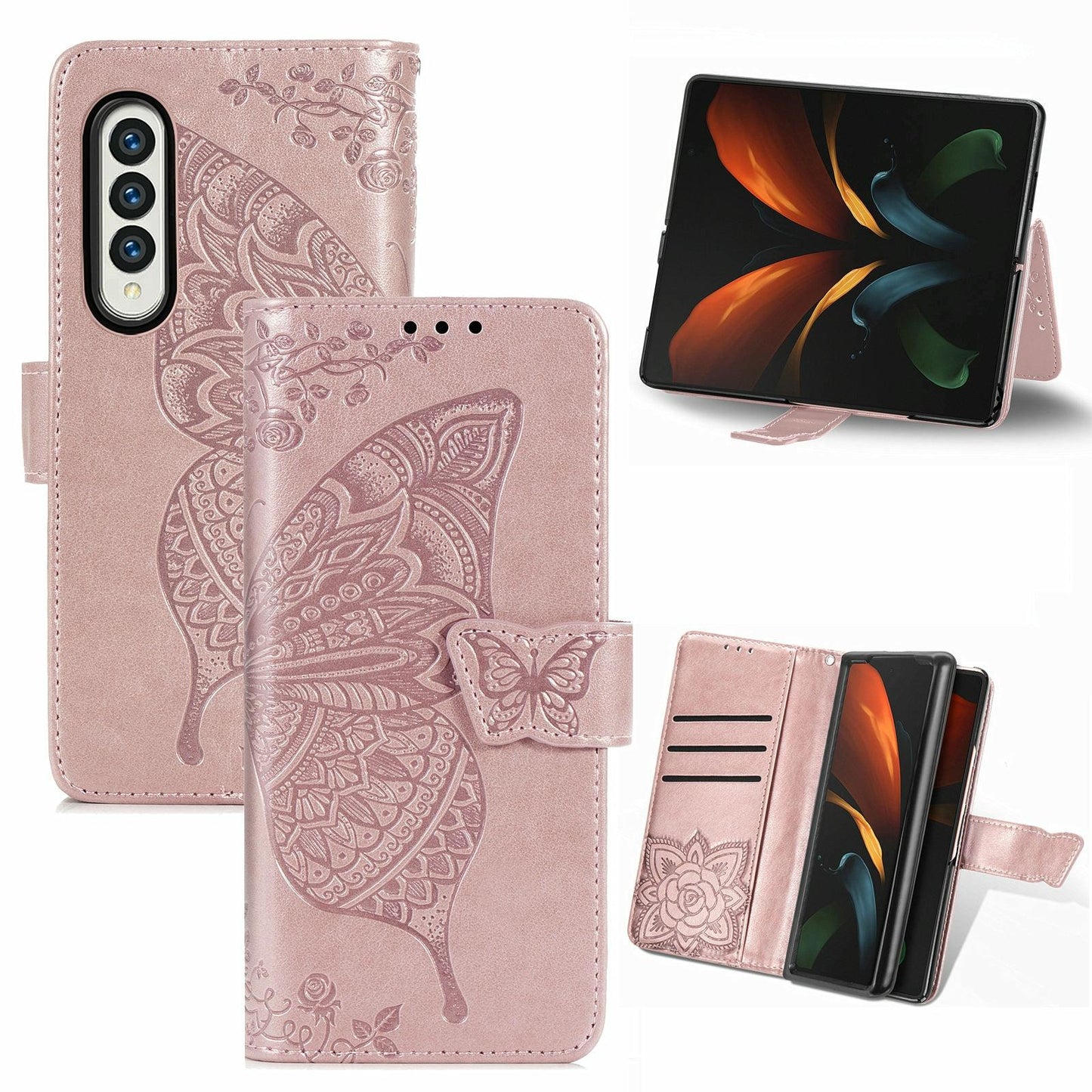 For Samsung Galaxy Z Fold4 5G Embossed Butterfly Love Leather Case - Flower Design - Rose Gold