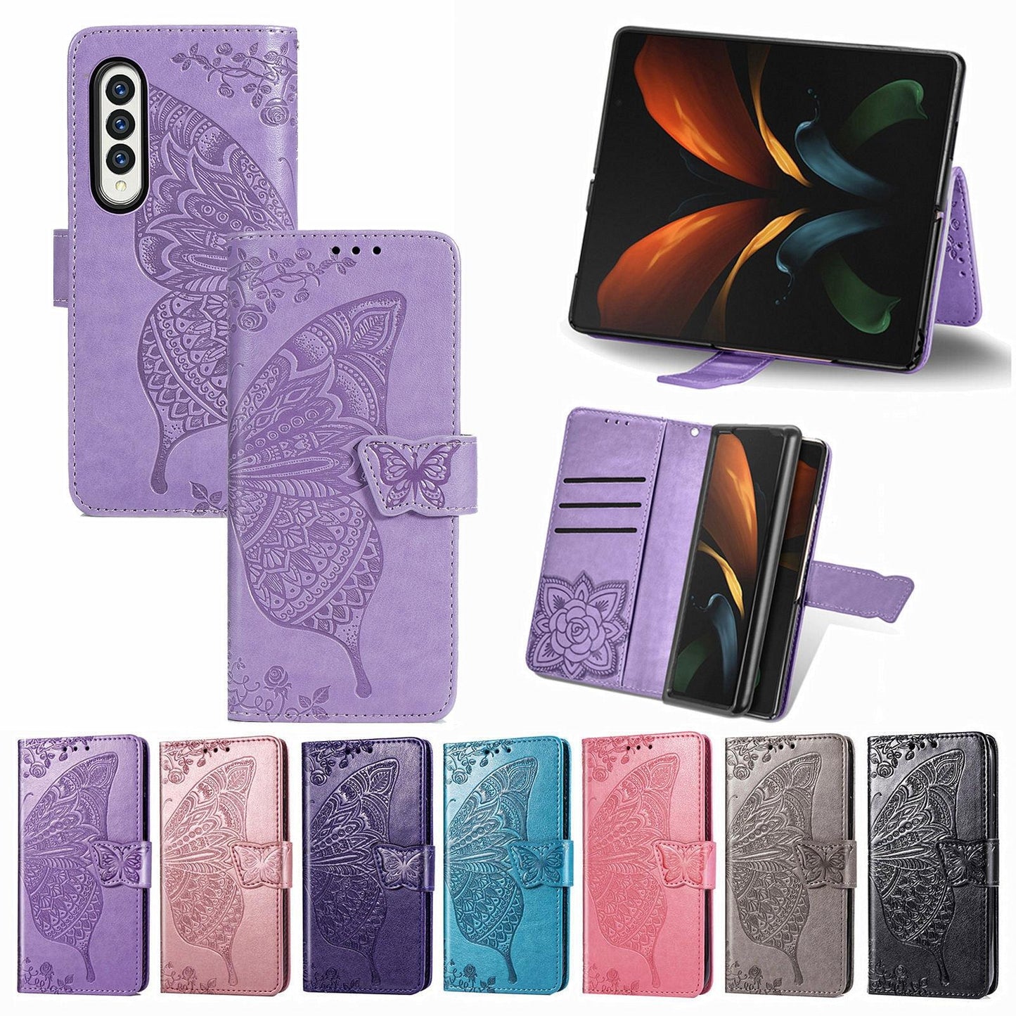 For Samsung Galaxy Z Fold4 5G Embossed Butterfly Love Leather Case - Flower Design - Rose Gold