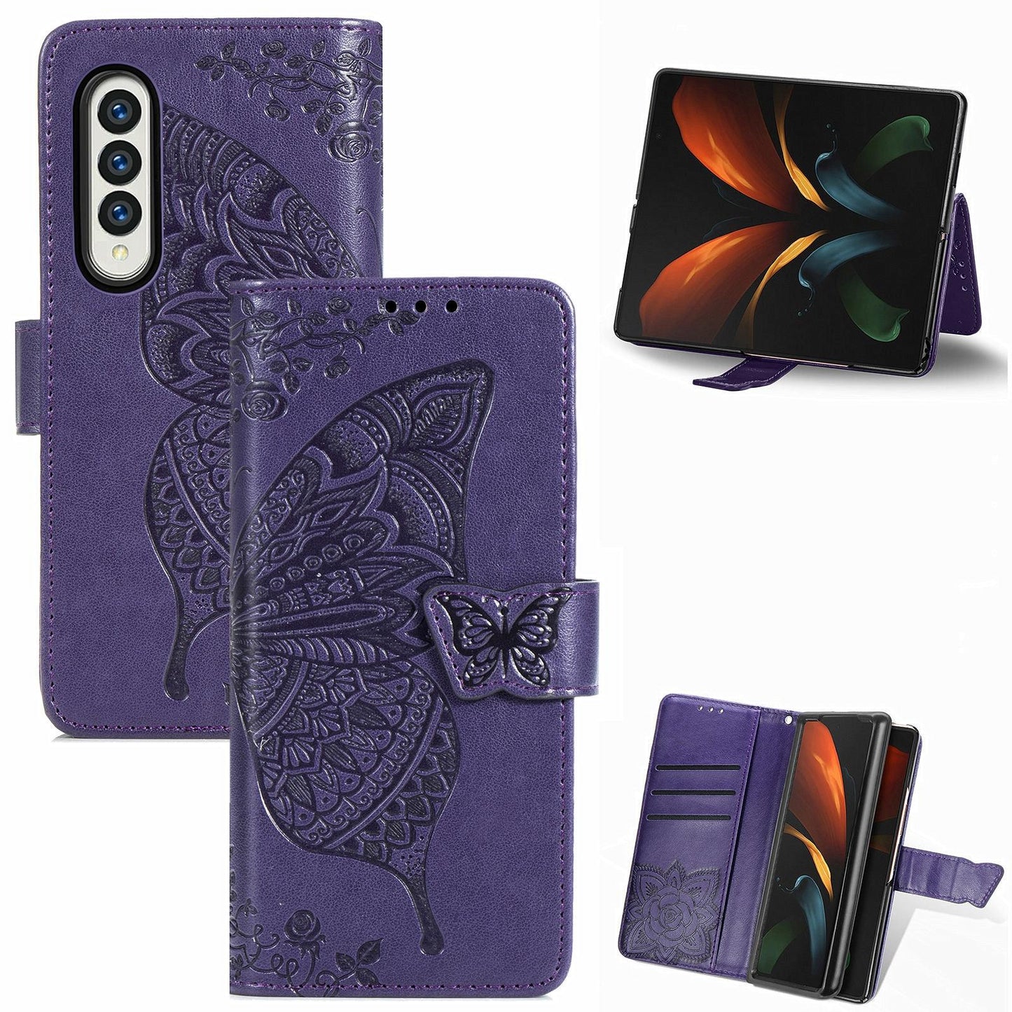 For Samsung Galaxy Z Fold4 5G Embossed Butterfly Love Leather Case - Flower Design - Rose Gold
