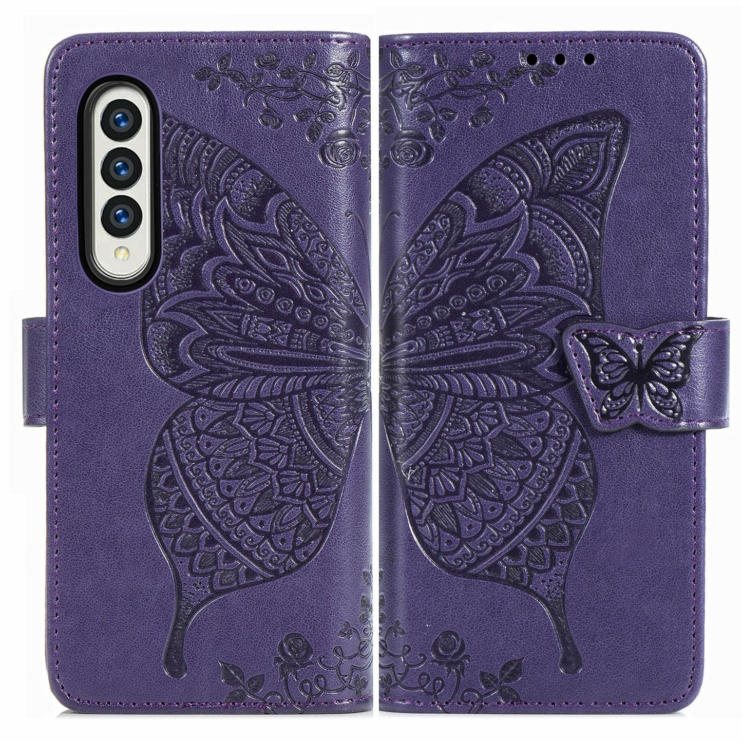 For Samsung Galaxy Z Fold4 5G Embossed Butterfly Love Leather Case - Flower Design - Rose Gold