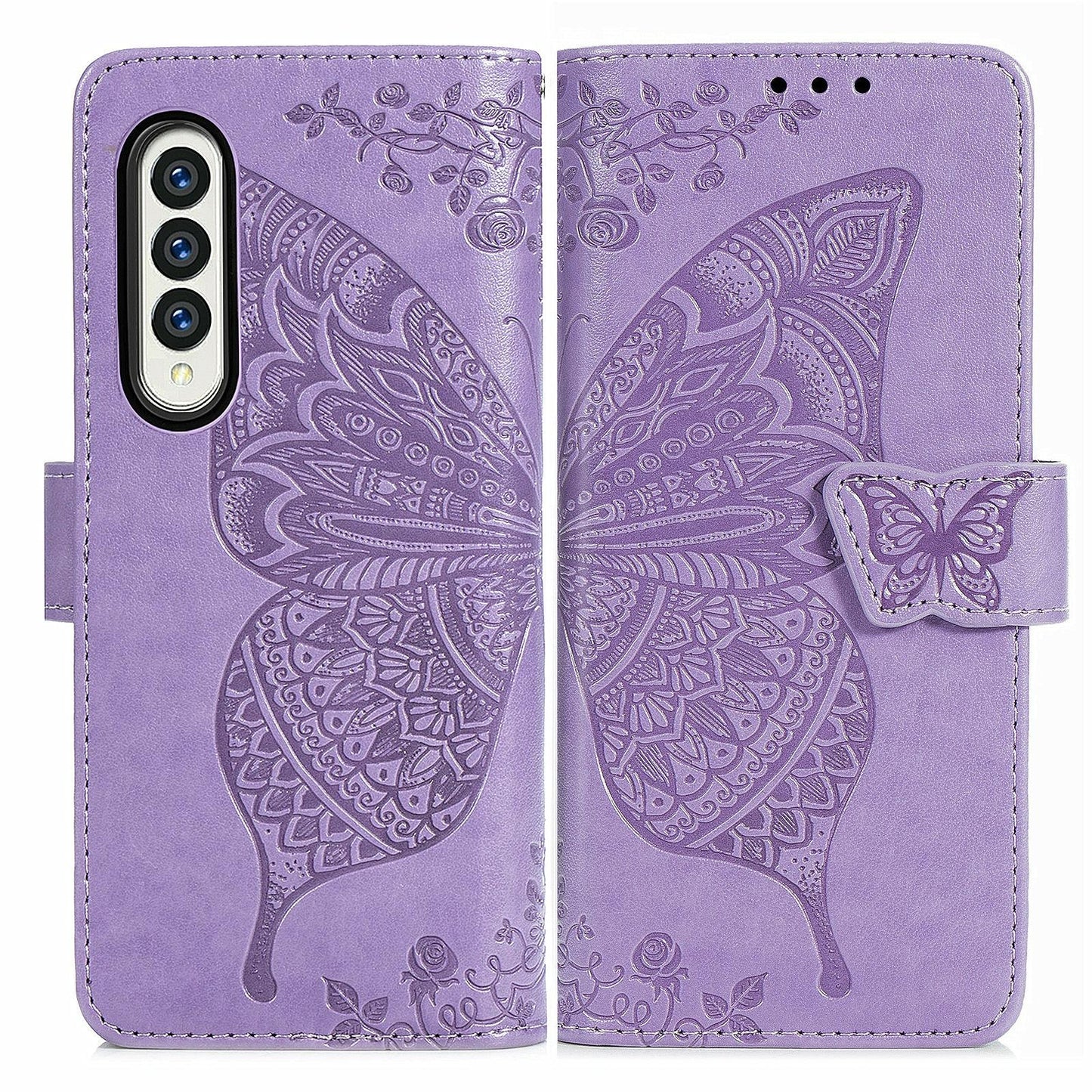 For Samsung Galaxy Z Fold4 5G Embossed Butterfly Love Leather Case - Flower Design - Rose Gold
