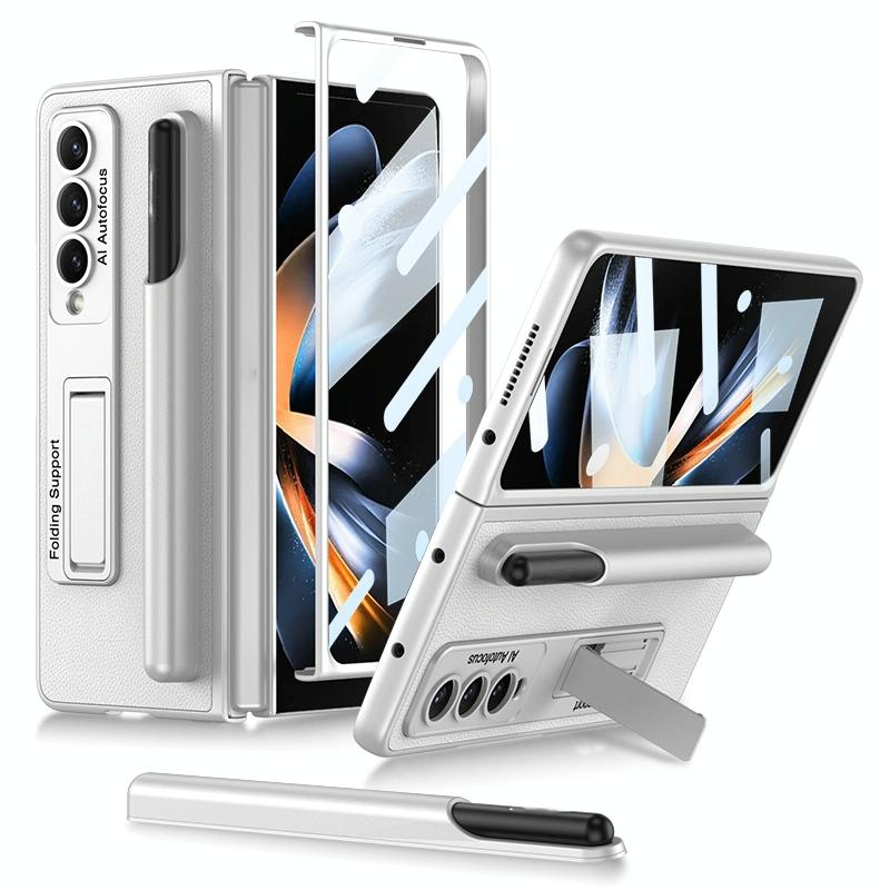 For Samsung Galaxy Z Fold4 5G Leather Case With Holder & Pen Slots - Thin & Shockproof - Silver
