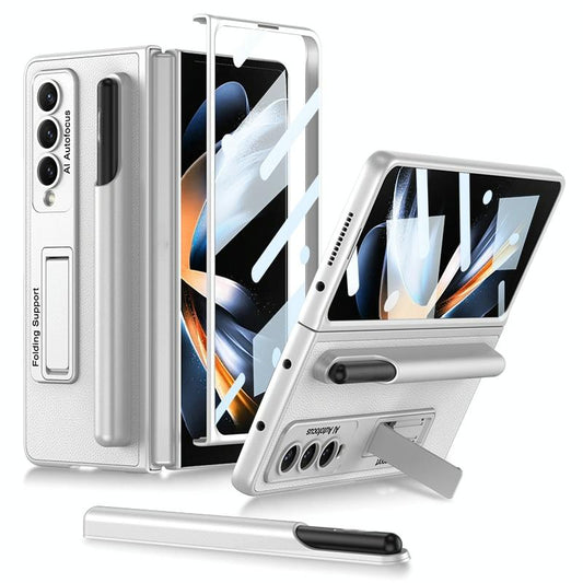 For Samsung Galaxy Z Fold4 5G Leather Case With Holder & Pen Slots - Thin & Shockproof - Silver