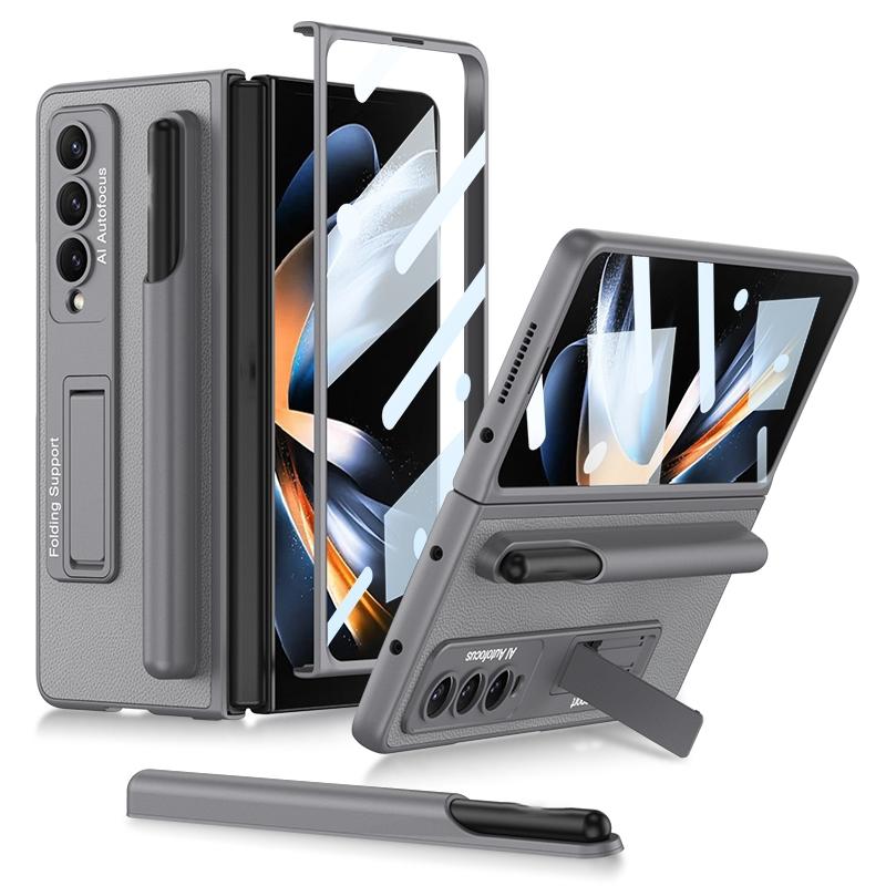 For Samsung Galaxy Z Fold4 5G Leather Case With Holder & Pen Slots - Thin & Shockproof - Silver