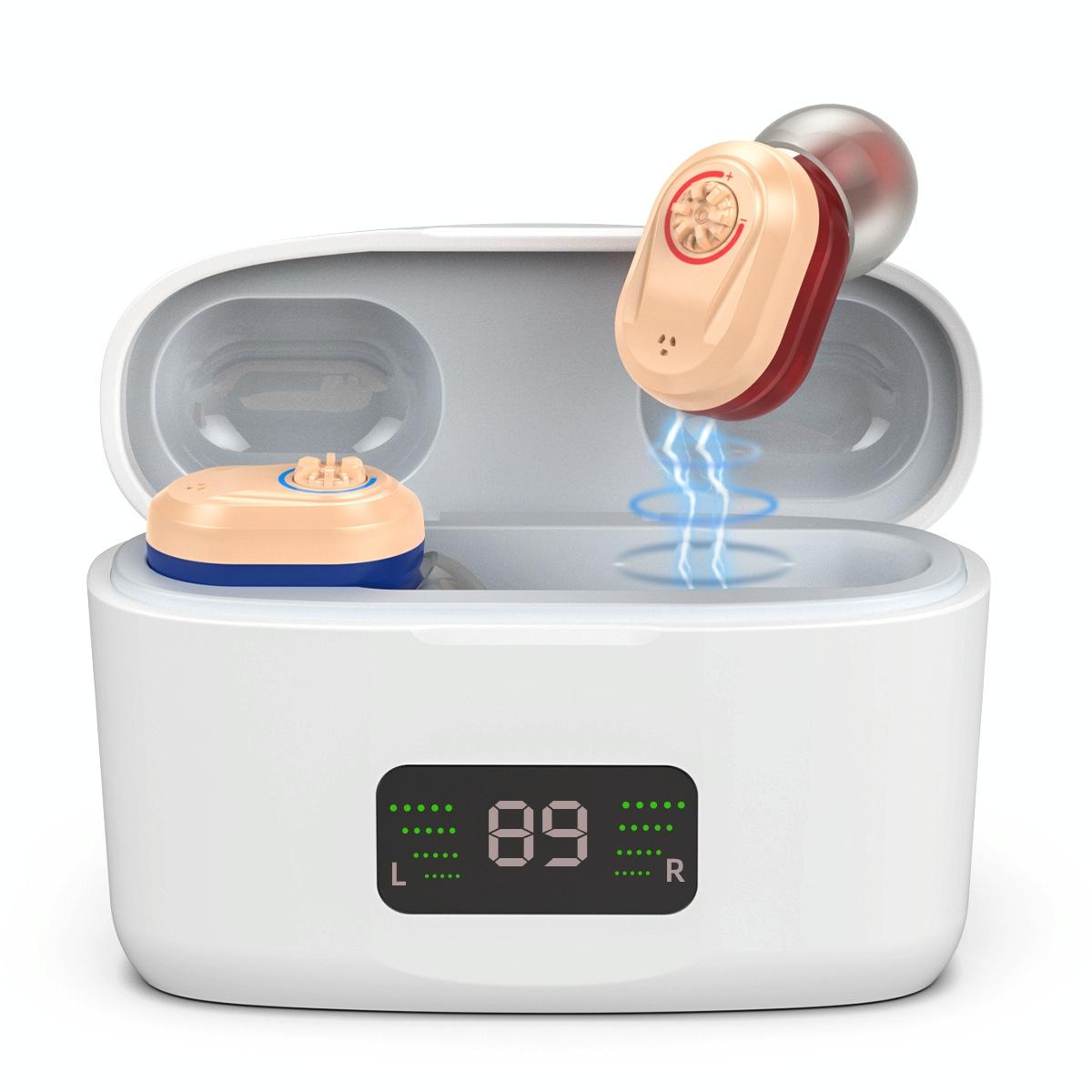 Digital Display In Ear Hearing Aid Earphone - Red And Blue