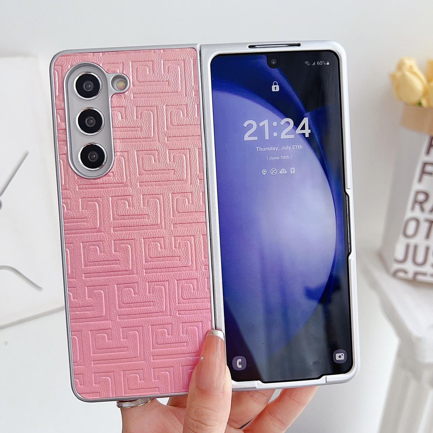 For Samsung Galaxy Z Fold4 5G Geometric Gradient Leather Phone Case - Pearlescent Finish - Pink