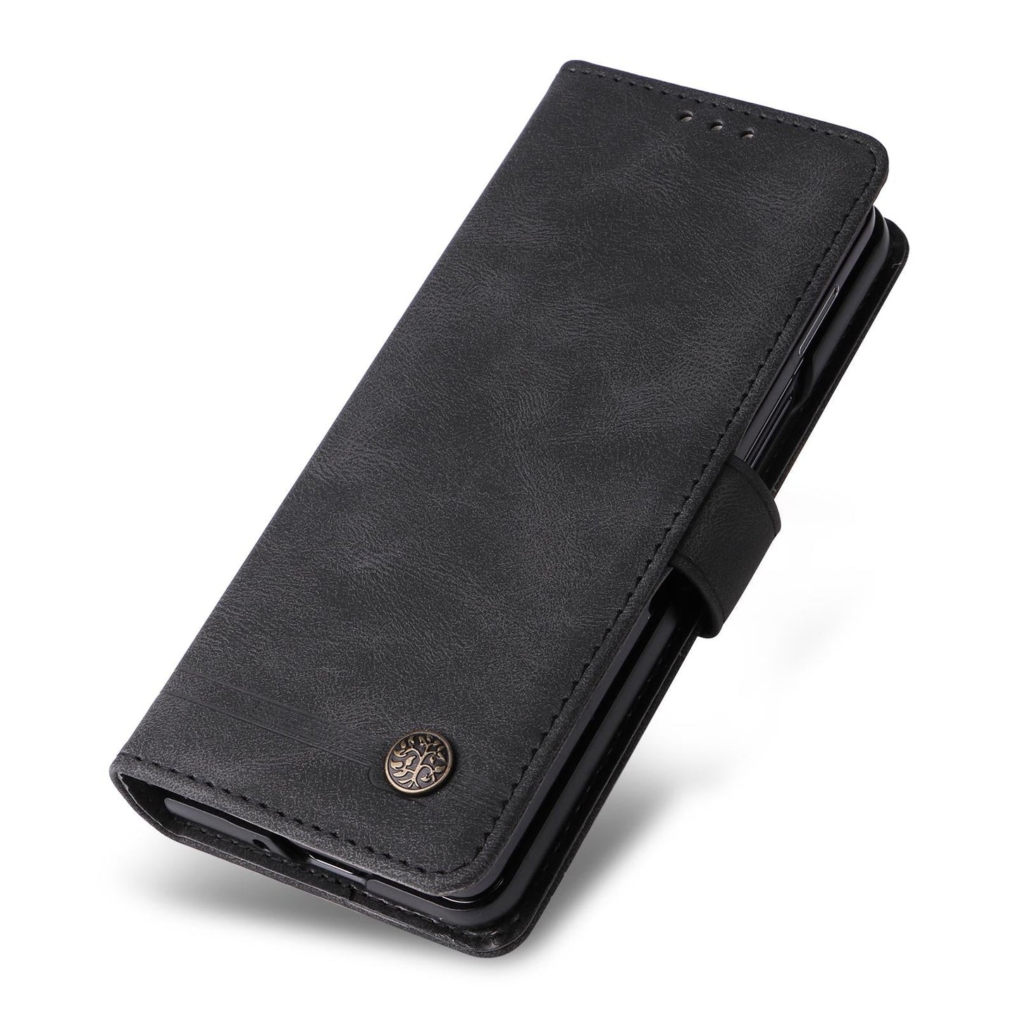 For Samsung Galaxy Z Fold4 5G Metal Button Leather Case - Tree Design - Black