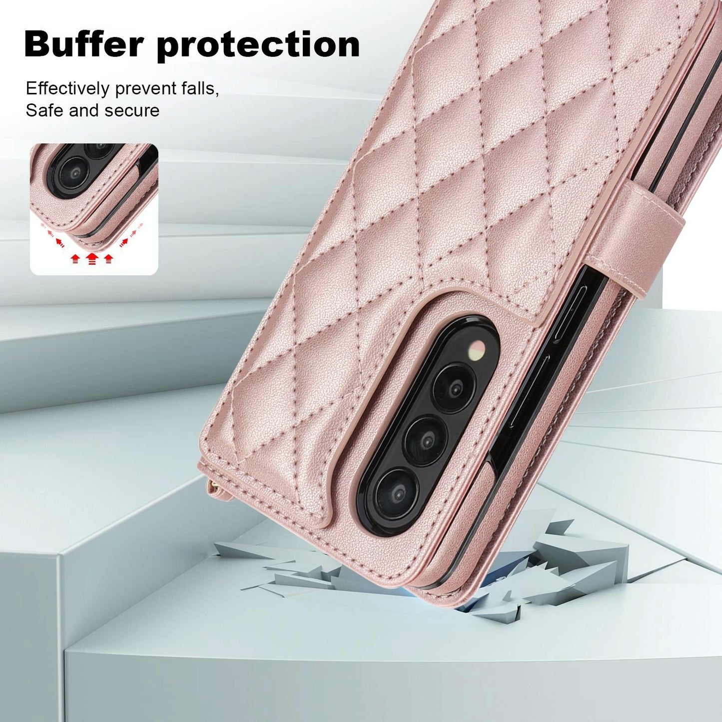 For Samsung Galaxy z Fold4 5G Multifunctional Rhombic Leather Crossbody Phone Case - Rose Gold