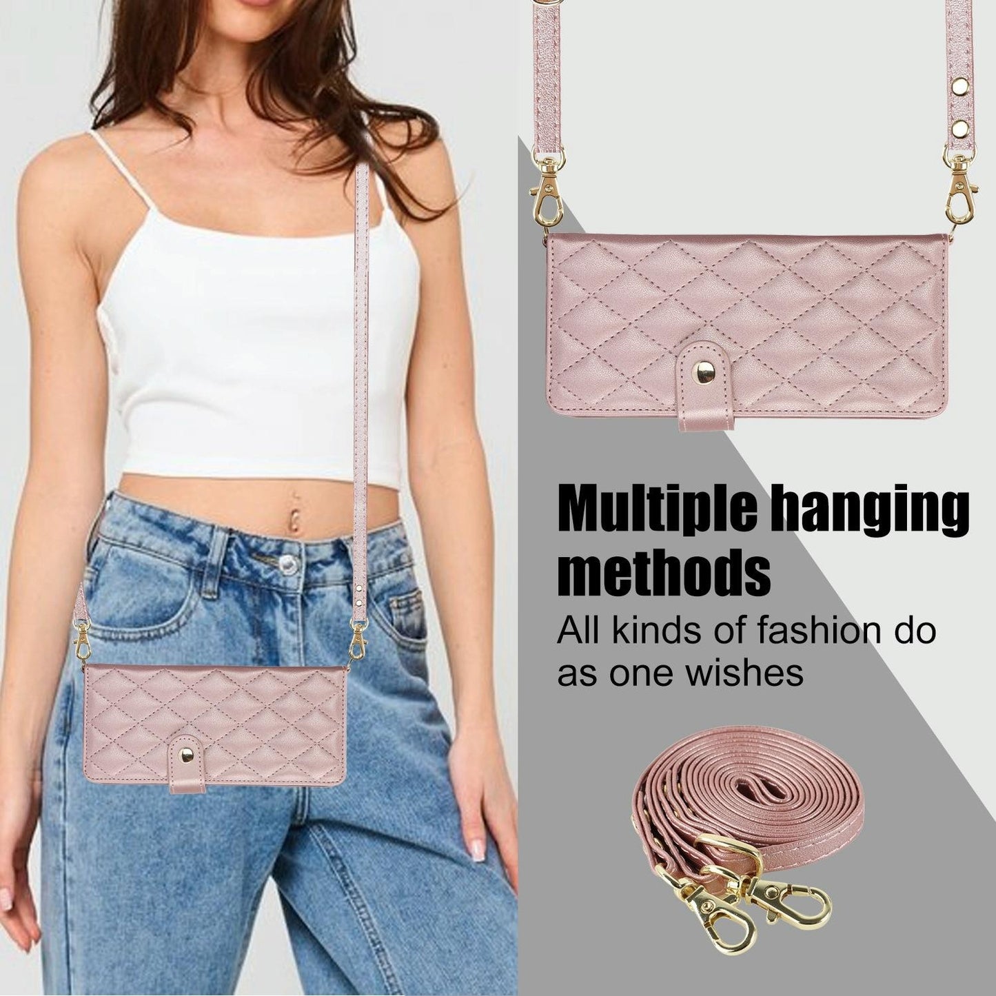 For Samsung Galaxy z Fold4 5G Multifunctional Rhombic Leather Crossbody Phone Case - Rose Gold