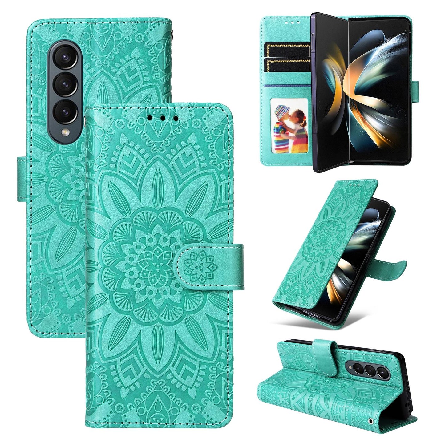 For Samsung Galaxy Z Fold4 5G Sunflower Embossed Leather Phone Case - Green