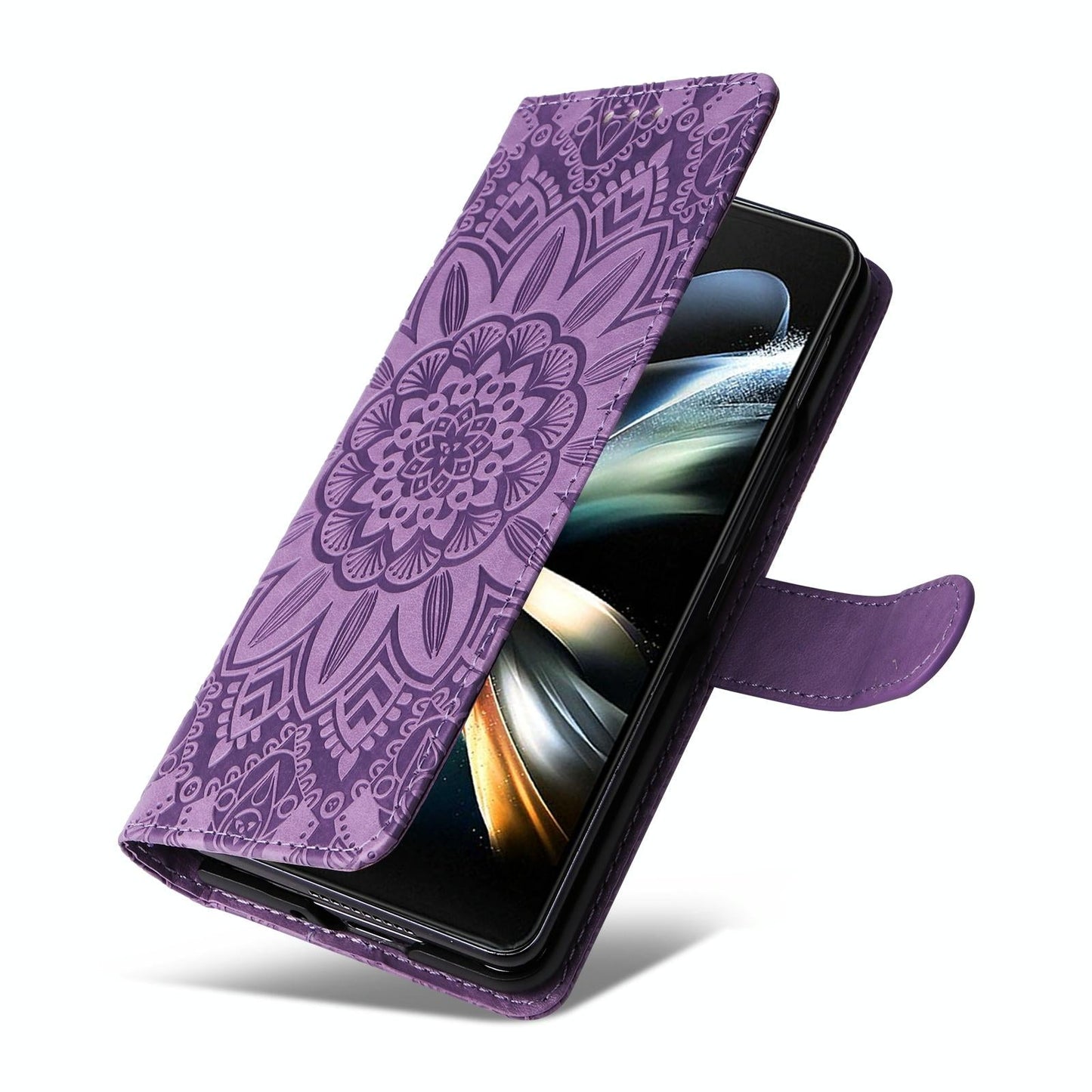 For Samsung Galaxy Z Fold4 5G Sunflower Embossed Leather Phone Case - Green