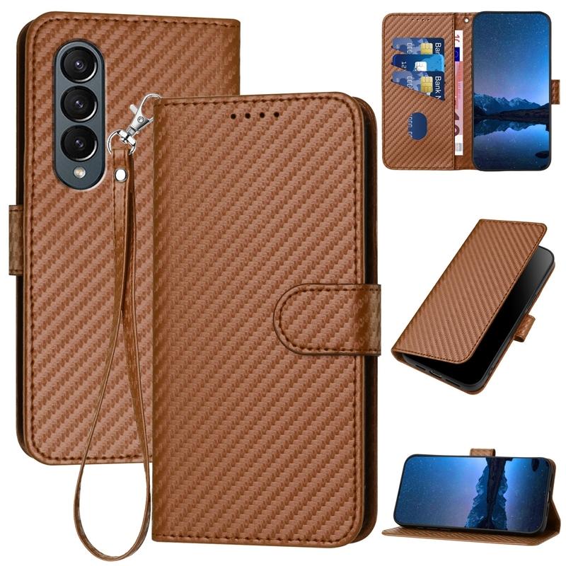 For Samsung Galaxy Z Fold4 5G Carbon Fiber Leather Phone Case With Lanyard - Coffee