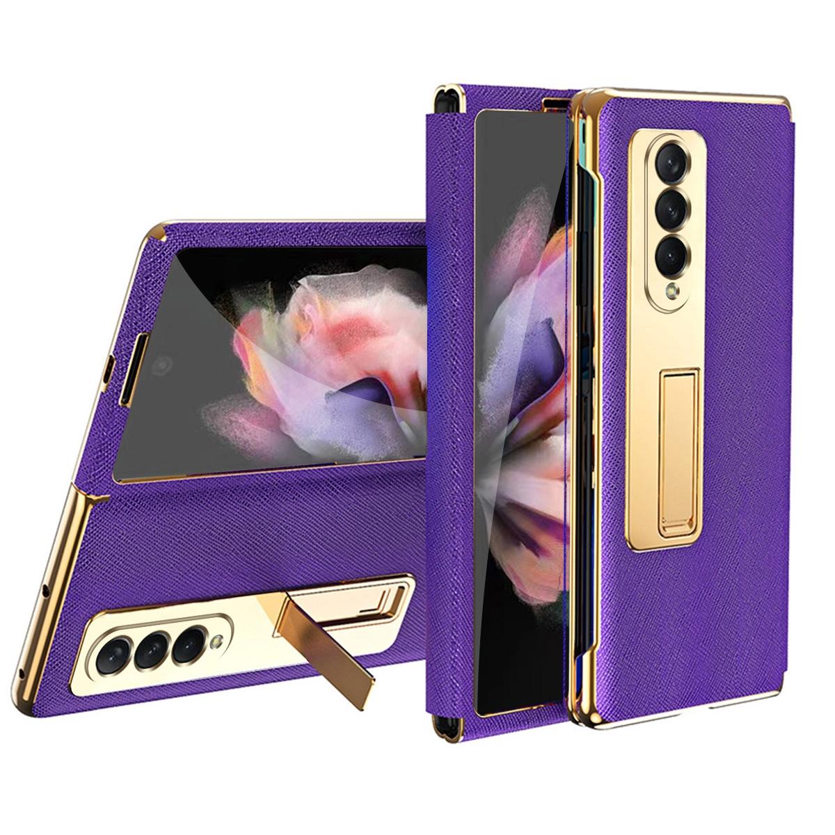 For Samsung Galaxy Z Fold4 5G Flip Case With Tempered Film - Textured Hinge - Purple