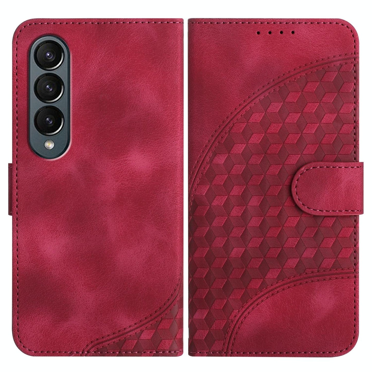 For Samsung Galaxy Z Fold4 5G Embossed Elephant Head Phone Case With Lanyard - Rose Red
