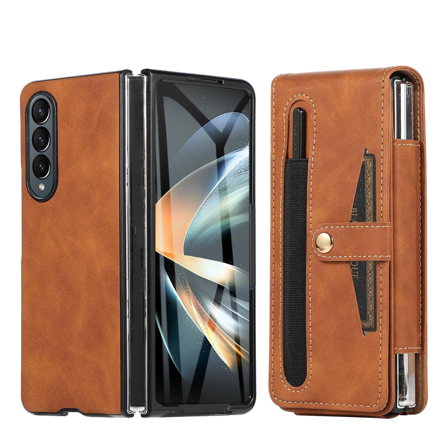 For Samsung Galaxy Z Fold4 5G Shockproof Foldable Leather Case With Stylus - Brown