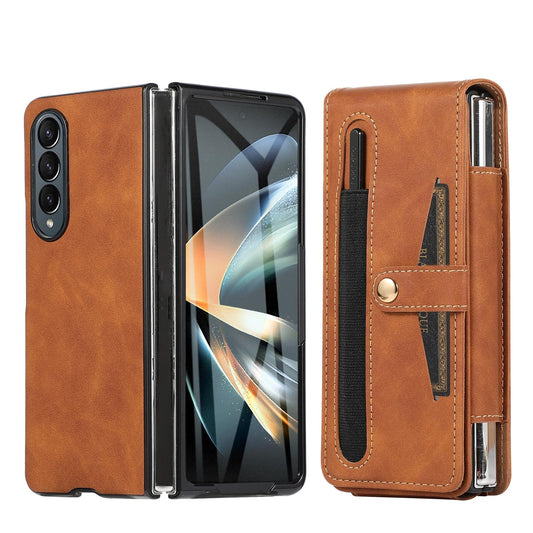 For Samsung Galaxy Z Fold4 5G Shockproof Foldable Leather Case With Stylus - Brown
