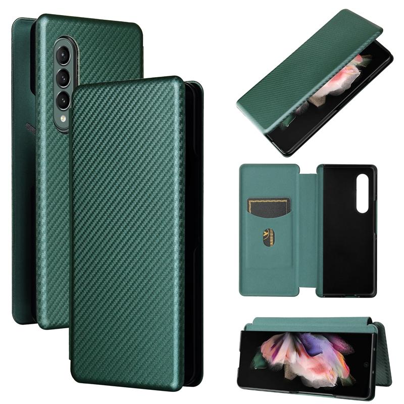 For Samsung Galaxy Z Fold4 5G Carbon Fiber Flip Leather Case - Green