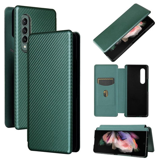For Samsung Galaxy Z Fold4 5G Carbon Fiber Flip Leather Case - Green