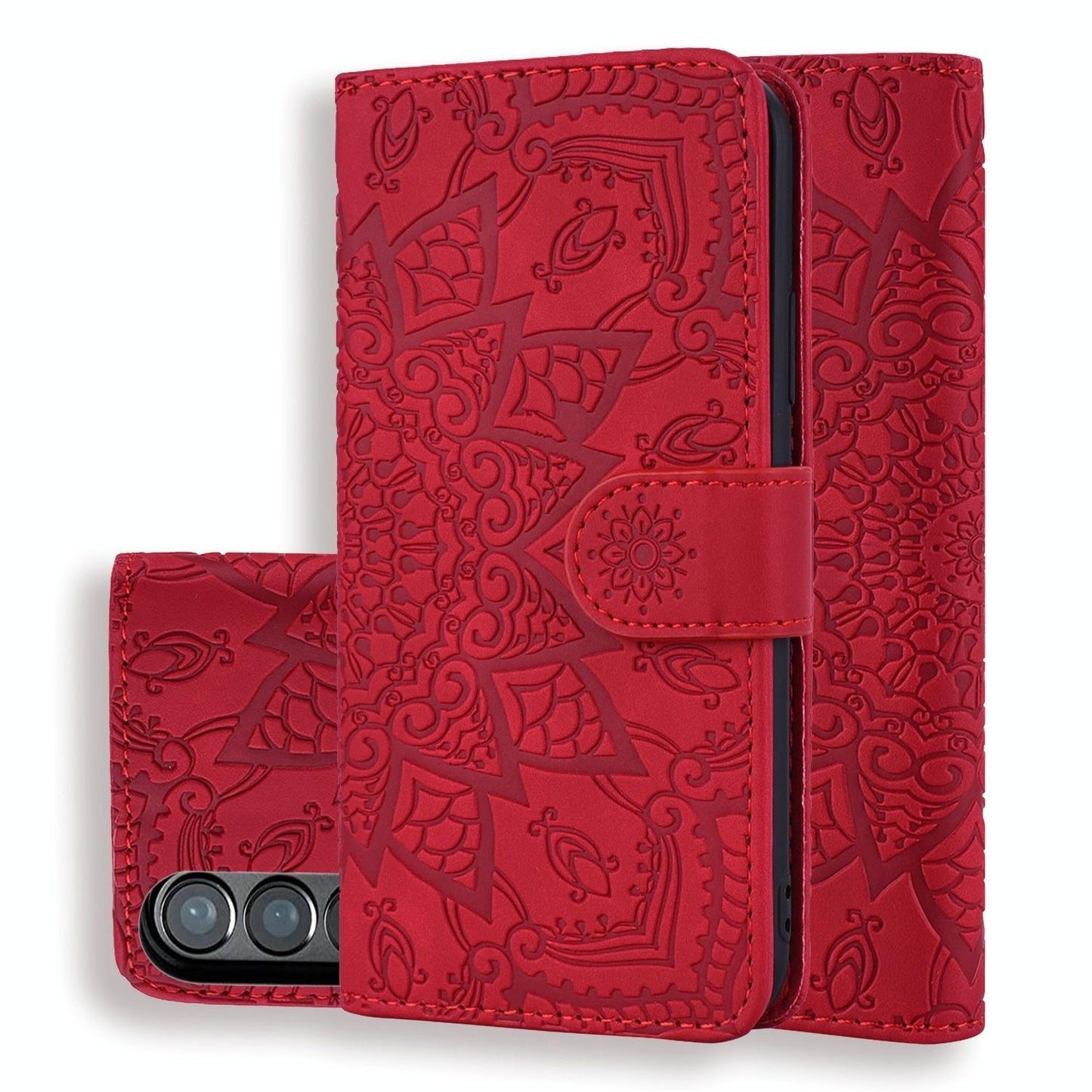 For Samsung Galaxy Z Fold4 5G Dual Fold Mandala Leather Case - Embossed Design - Red