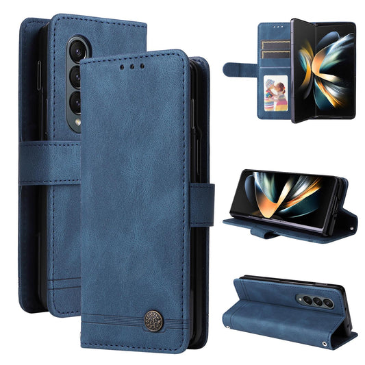 For Samsung Galaxy Z Fold4 5G Metal Button Leather Case - Tree Design - Blue