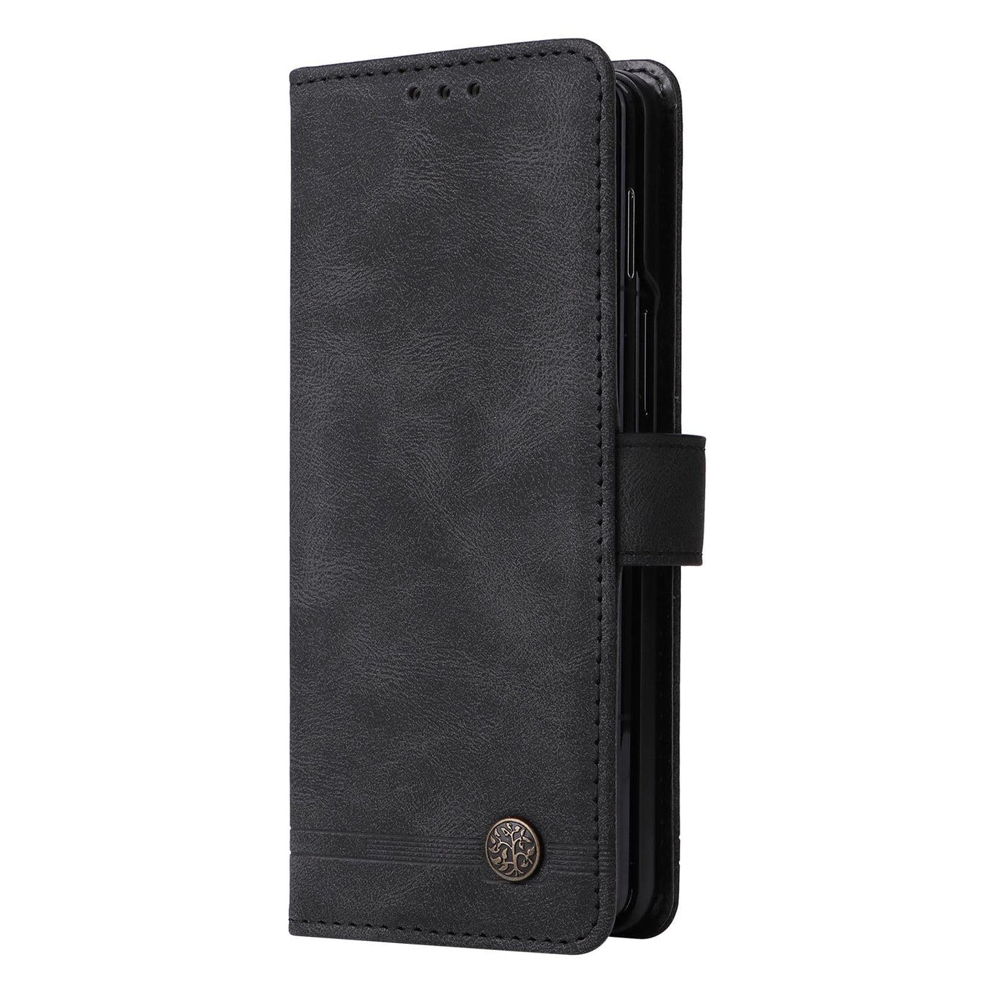 For Samsung Galaxy Z Fold4 5G Metal Button Leather Case - Tree Design - Blue