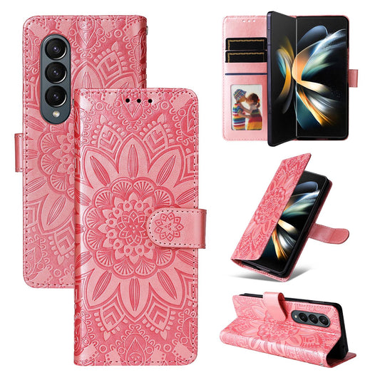 For Samsung Galaxy Z Fold4 5G Sunflower Embossed Leather Phone Case - Rose Gold
