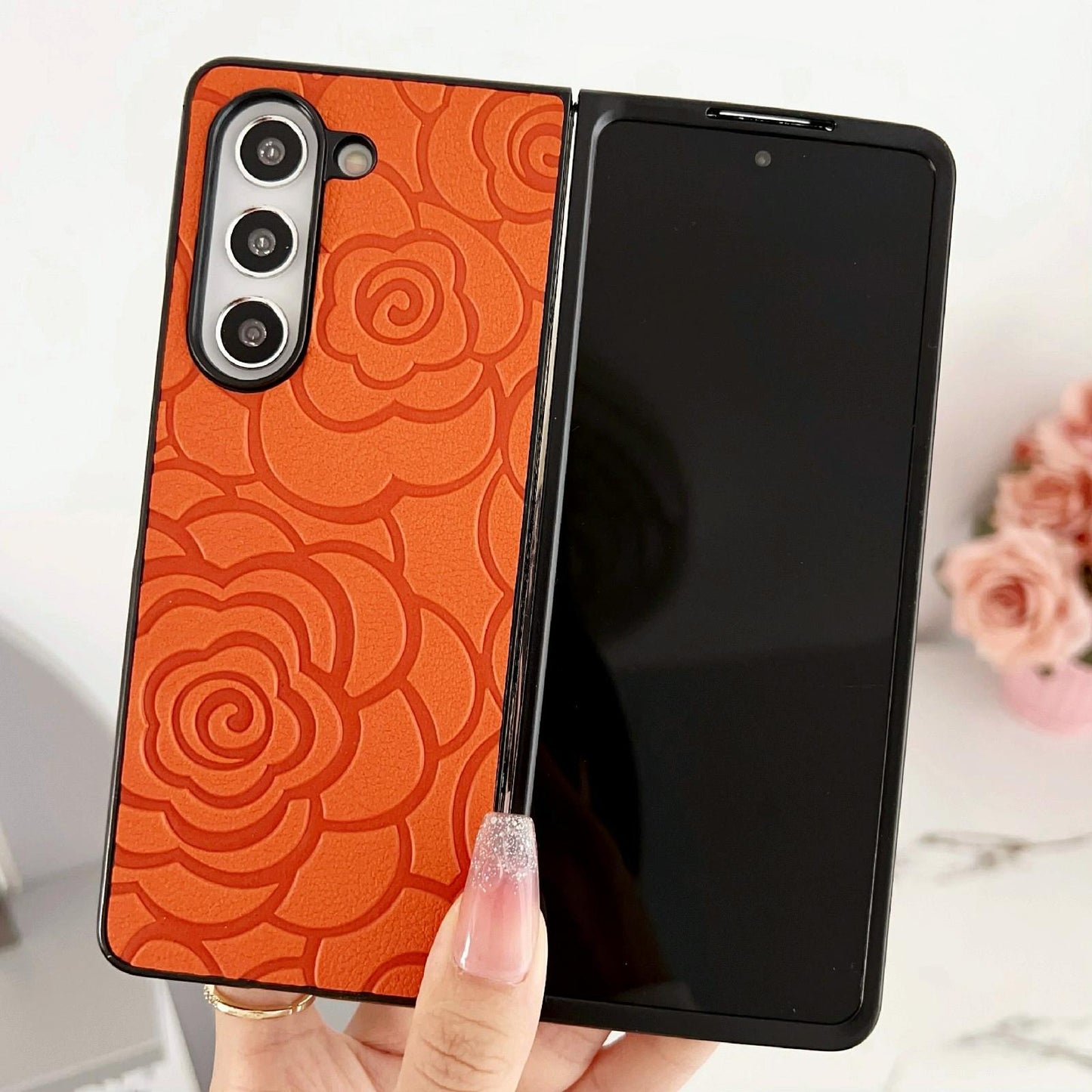 For Samsung Galaxy Z Fold4 5G Floral Print Protective Phone Case - Black
