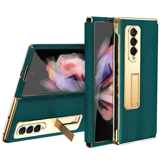 For Samsung Galaxy Z Fold4 5G Flip Case With Tempered Film - Textured Hinge - Cyan